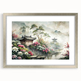 Textured abstract art print featuring a blend of muted grays and blues, framed in silver, ideal for bedroom decor.