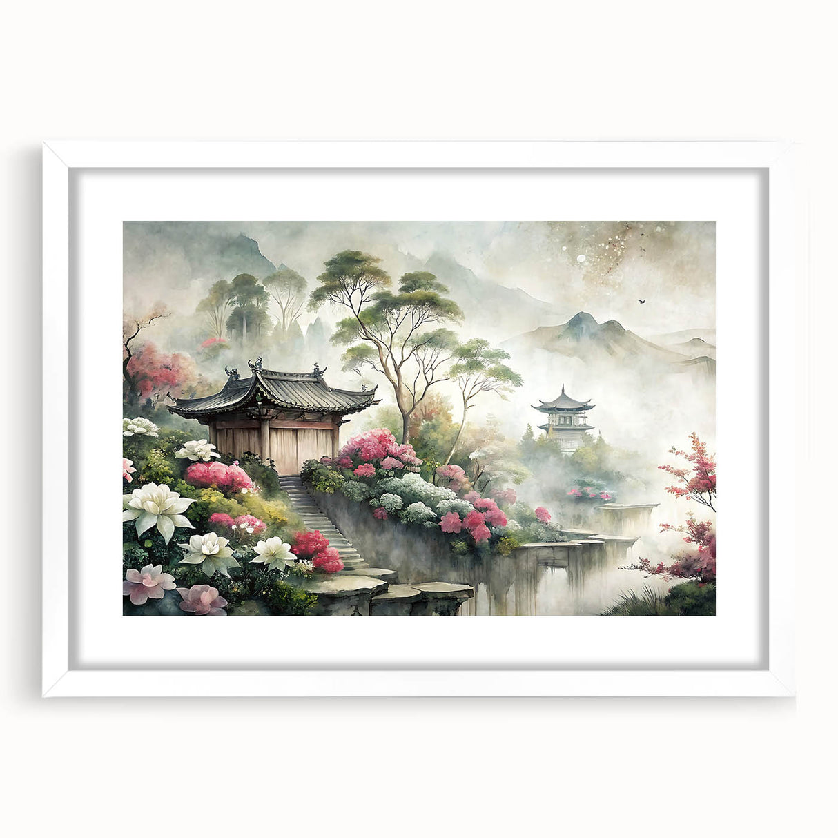 Abstract art print featuring asymmetric house designs in black and white, framed in white.
