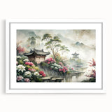 Abstract art print featuring asymmetric house designs in black and white, framed in white.