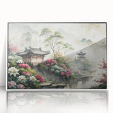 Art deco poster featuring a series of stylized houses in muted gray and blue tones on a white acrylic frame.