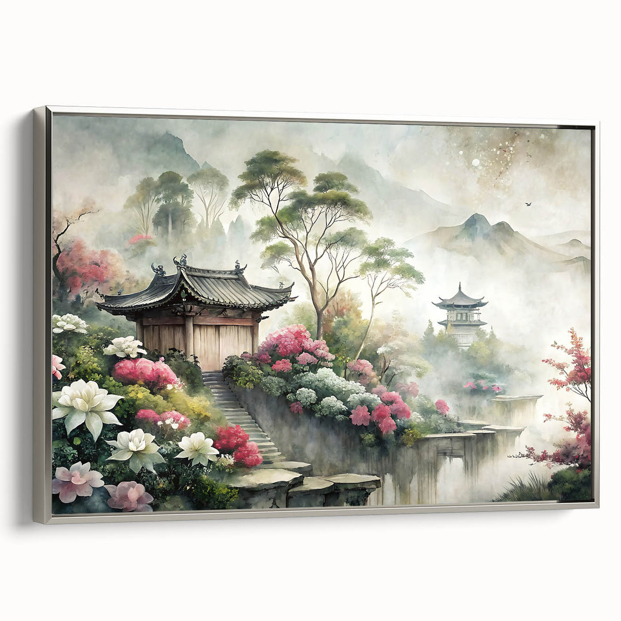 Framed canvas of a vintage-style landscape art painting featuring colorful houses, ideal for living room decor.