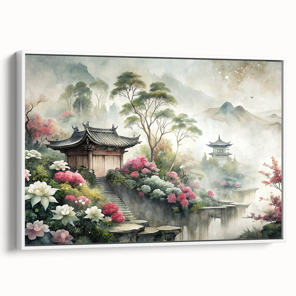 Vintage poster art of colorful, abstract houses on a large, framed white canvas, ideal for living room decor.
