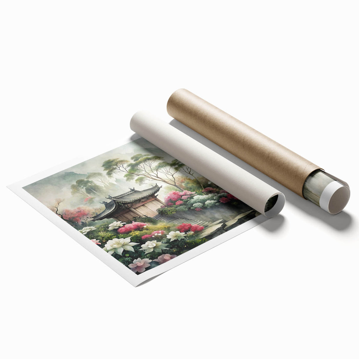 Extra large rolled print featuring a floral design in muted pastel shades.