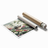 Extra large rolled print featuring a floral design in muted pastel shades.