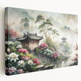 Large art print of architectural houses in muted earth tones on stretched canvas, suitable for kitchen wall art.