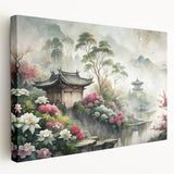 Large art print of architectural houses in muted earth tones on stretched canvas, suitable for kitchen wall art.