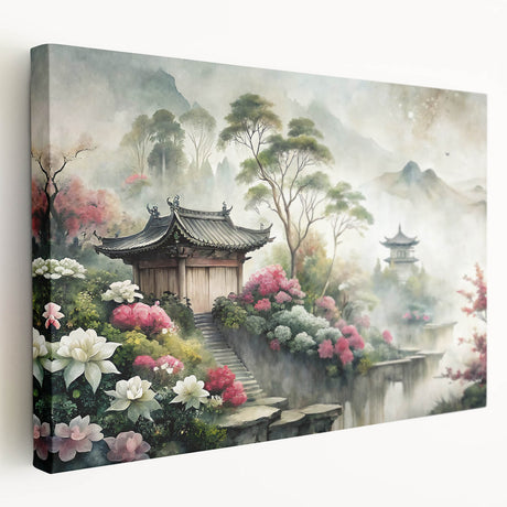 Large art print of architectural houses in muted earth tones on stretched canvas, suitable for kitchen wall art.