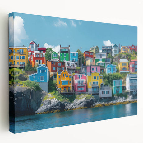 Large art depicting a row of colorful houses in a minimalist style on a stretched canvas, suitable for kitchen wall decor.
