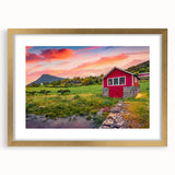 Extra large abstract art print featuring textured design of architectural houses in muted earth tones, framed in gold.