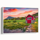 Vintage poster art of colorful houses in mid-century modern style on a large framed canvas, suitable for living room decor.