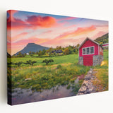 Side view of a large stretched canvas featuring a row of minimalist houses in monochrome tones.