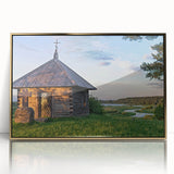 Large art print of mid-century modernist houses in gold frames, ideal for modern art wall decor or nursery.