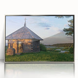 Mid-century modernist art of geometric houses in muted tones on a silver-framed acrylic, suitable for nursery wall art.