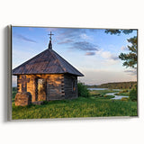 Framed canvas featuring a colorful landscape art painting of vintage houses in varying shades of black and silver.