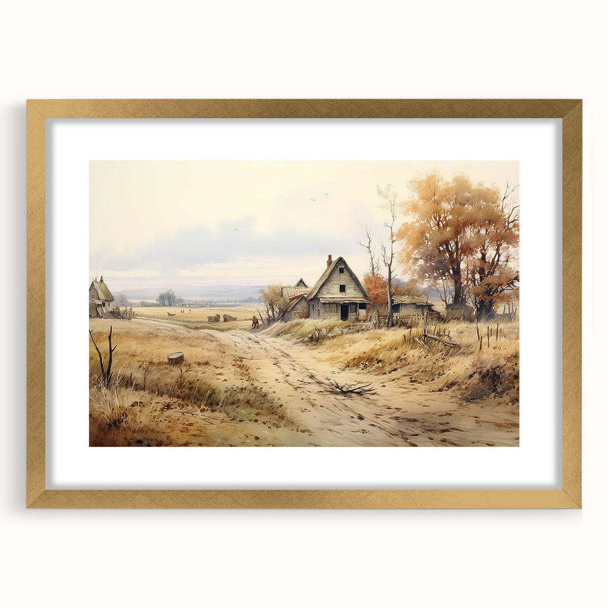 Extra large abstract art print featuring textured design of architectural houses in muted earth tones, framed in gold.