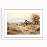 Abstract art print featuring geometric shapes in muted beige and gray tones, framed with a white mat.