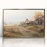 Mid-century modernist large art print of abstract houses in gold and beige tones, acrylic framed.