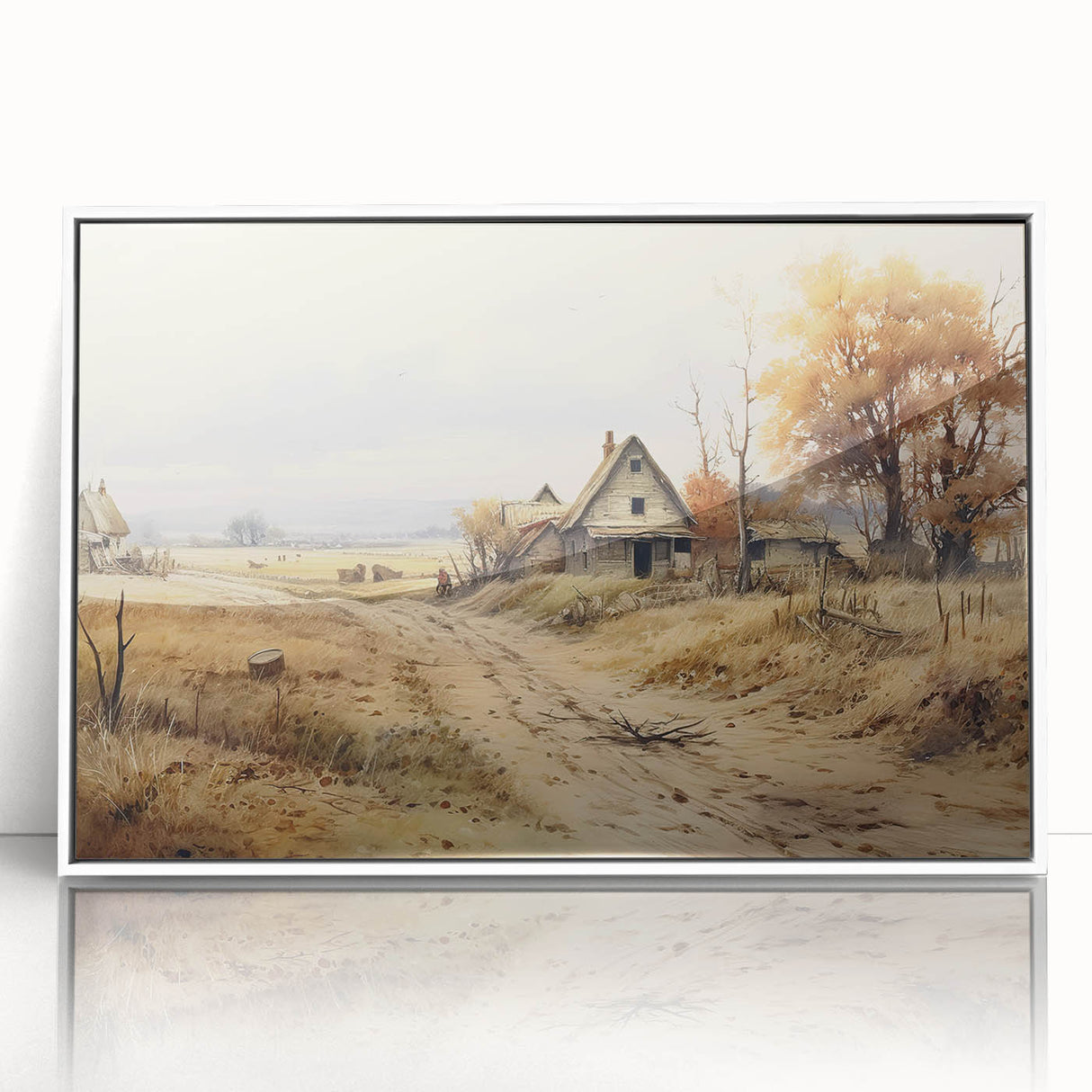 Art deco poster of stylized houses in muted pastels, acrylic print framed in white, suitable for nursery wall art.