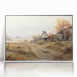 Art deco poster of stylized houses in muted pastels, acrylic print framed in white, suitable for nursery wall art.