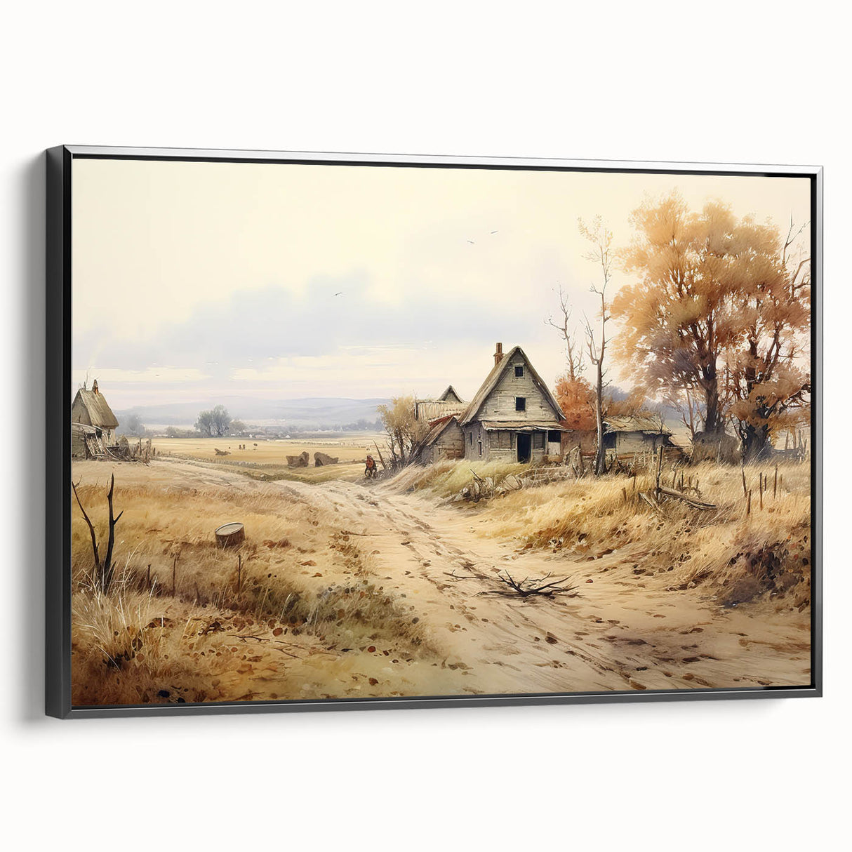 Black and white vintage poster art of architectural houses on framed canvas, suitable for bedroom wall decor.