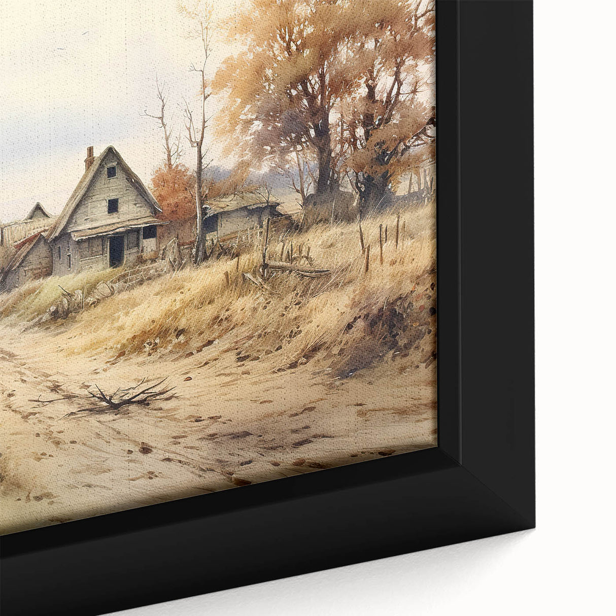 Framed canvas featuring textured, colorful art of abstract houses in black, ideal for living room decor.