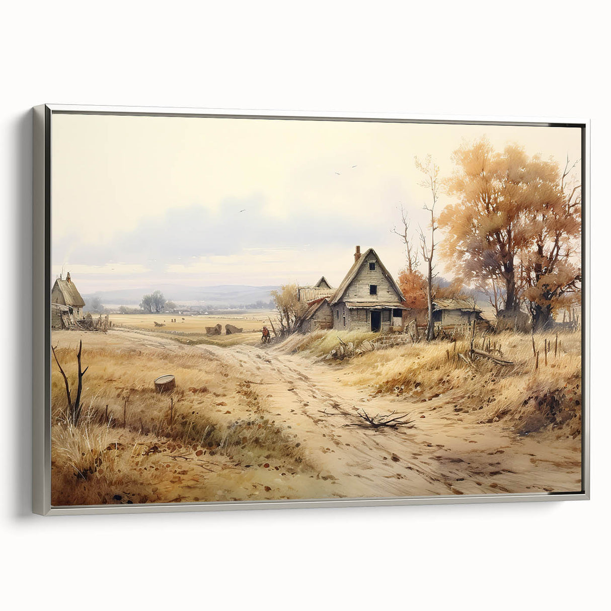 Framed canvas of vintage poster art featuring a black and colorful landscape of stylized houses.