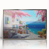 Mid-century modernist art depicting geometric houses in muted pastel tones, silver-framed acrylic print.