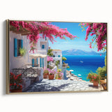 Framed canvas featuring a vintage poster art of black architectural houses in a landscape setting, ideal for bedroom decor.