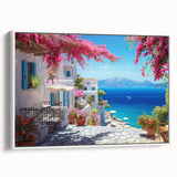 Vintage poster art of colorful, stylized houses on extra-large framed canvas, ideal for living room decor.