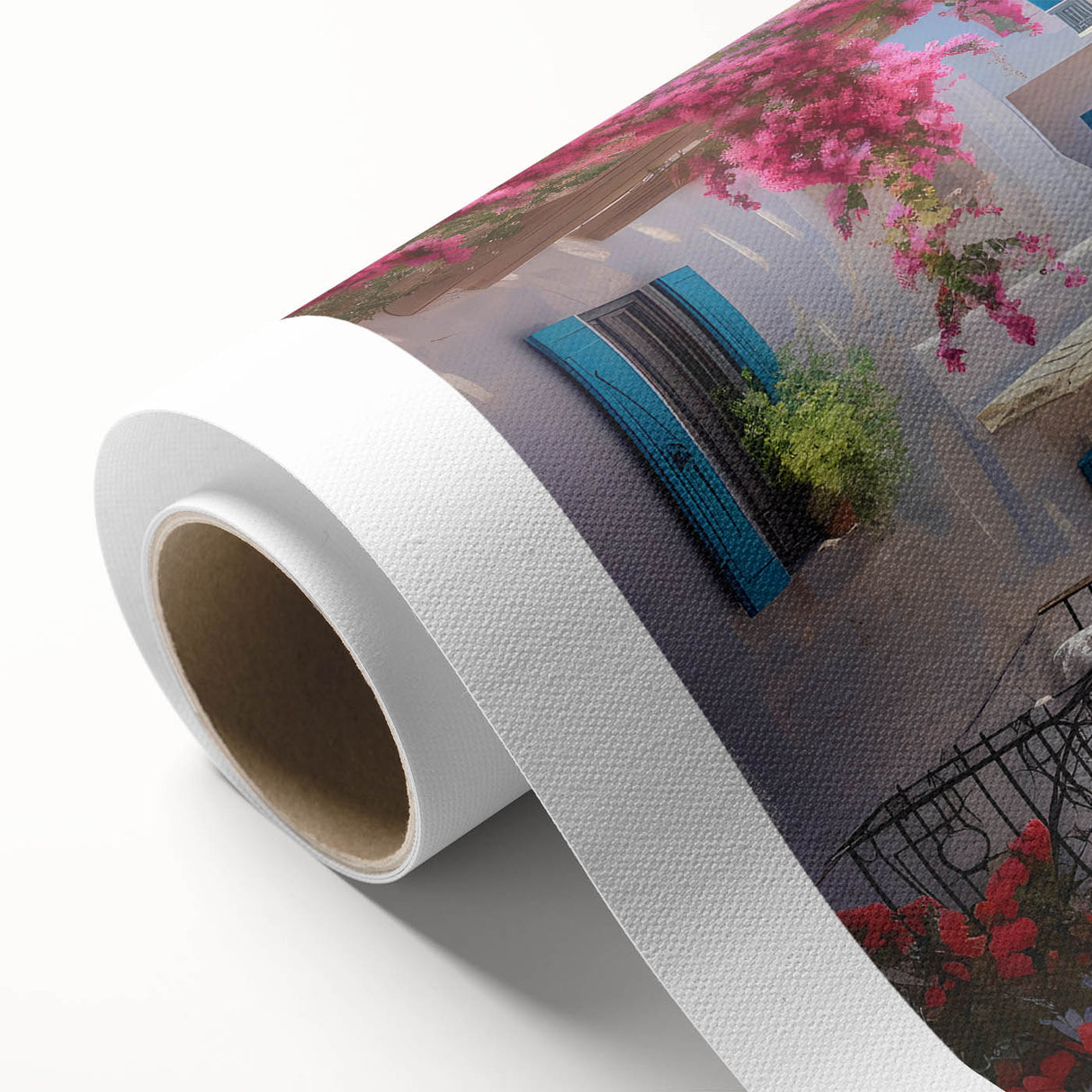 Art deco poster of stylized homes in soft pastel shades on rolled canvas, suitable for nursery wall art or dining room decor.