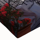 Large art depicting a black and white landscape painting of houses, printed on stretched canvas.