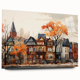 Large abstract wall art on acrylic glass depicting geometric shapes in muted gray and blue tones.