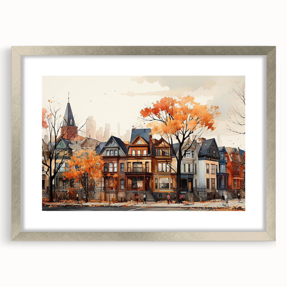 Textured art print of abstract houses in muted gray, framed in silver, ideal for bedroom wall decor.