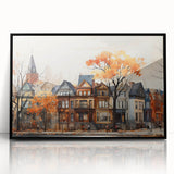 Large abstract wall art featuring geometric shapes in muted earth tones, framed in black acrylic.