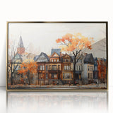 Mid-century modernist acrylic print of colorful, geometric houses framed in gold.