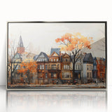 Mid-century modernist art featuring geometric architecture in muted tones on a framed acrylic print.