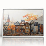 Art deco poster featuring a series of stylized houses in muted colors on white acrylic, ideal for modern nursery wall art.