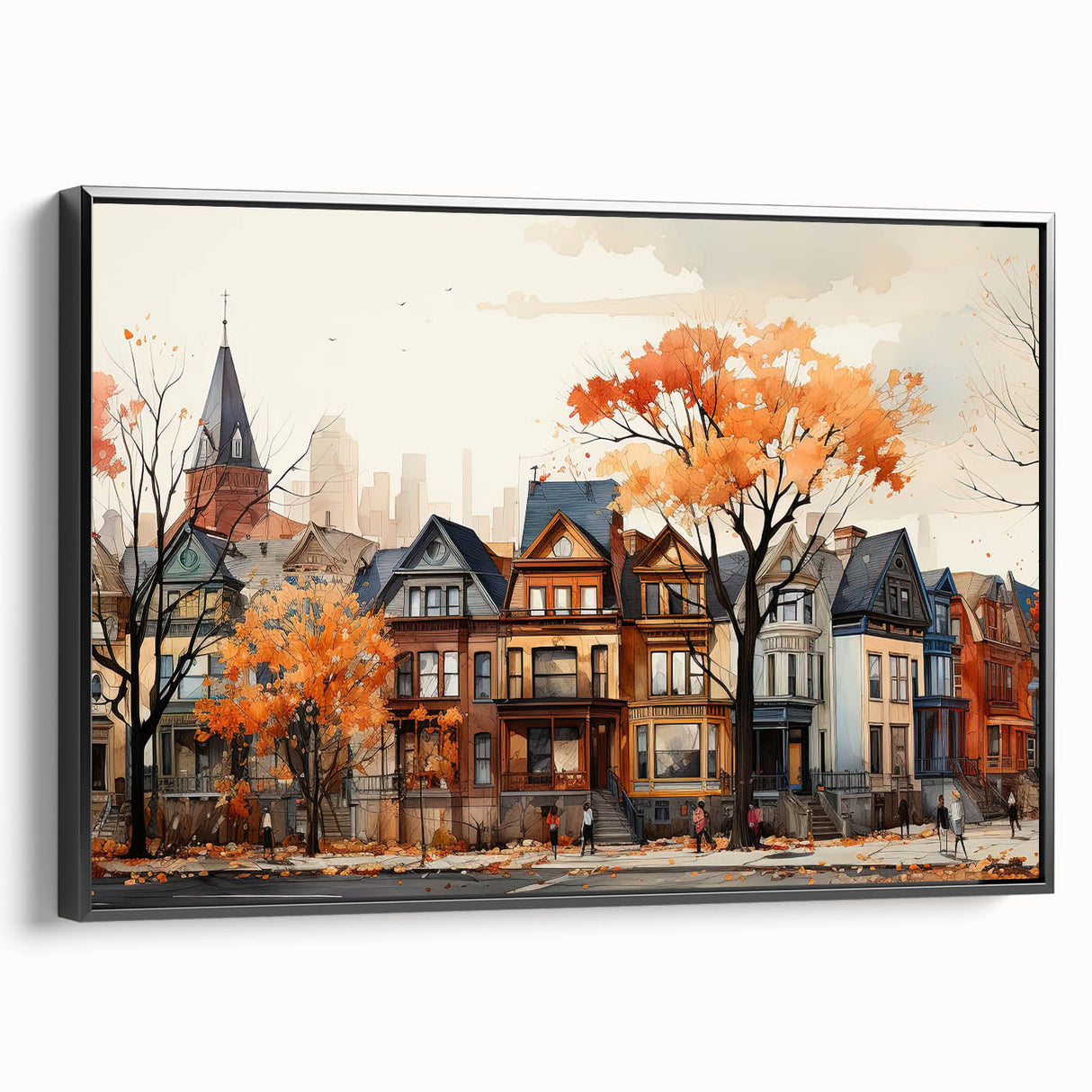 Black and white framed canvas of vintage landscape houses, ideal for bedroom wall art.