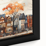 Extra large framed canvas featuring textured, colorful art of abstract houses in black, ideal for living room decor.