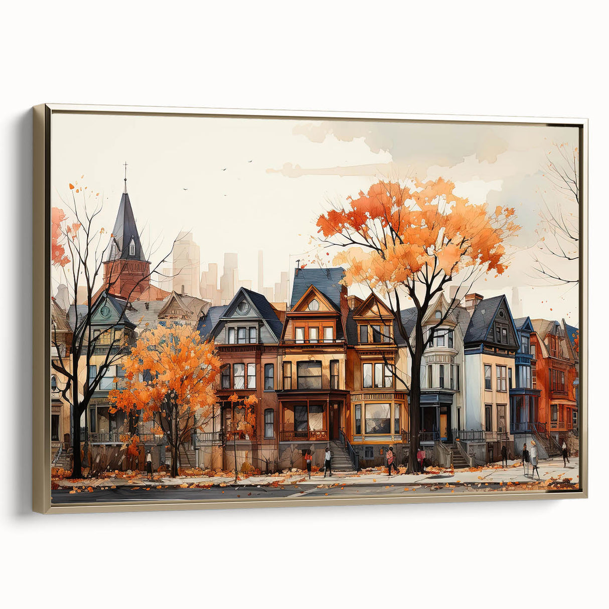 Vintage poster art of colorful architecture on framed canvas, ideal for living room decor, featuring black and gold accents.