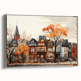 Framed canvas depicting a vintage poster of black architectural designs, ideal for bedroom wall art.