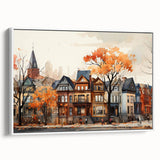 Framed canvas of vintage-style landscape art paintings featuring colorful houses with black outlines.