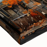 Large art featuring a black and white landscape painting of houses on stretched canvas, ideal for bedroom wall decor.