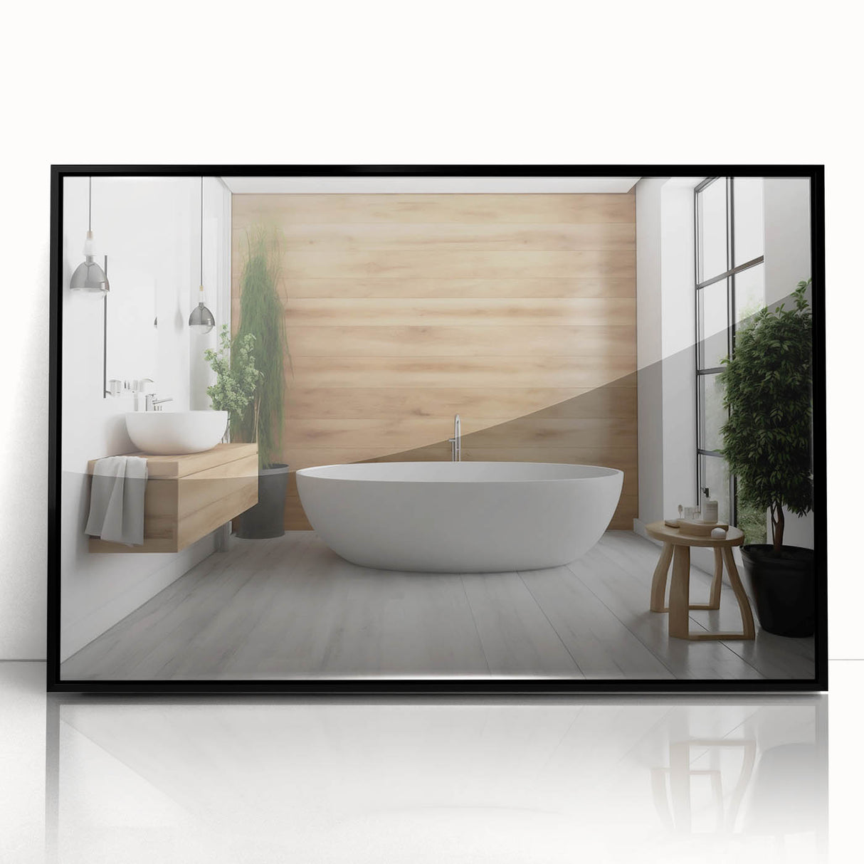Large abstract wall art featuring geometric shapes in muted earth tones on a framed acrylic.