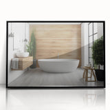 Large abstract wall art featuring geometric shapes in muted earth tones on a framed acrylic.