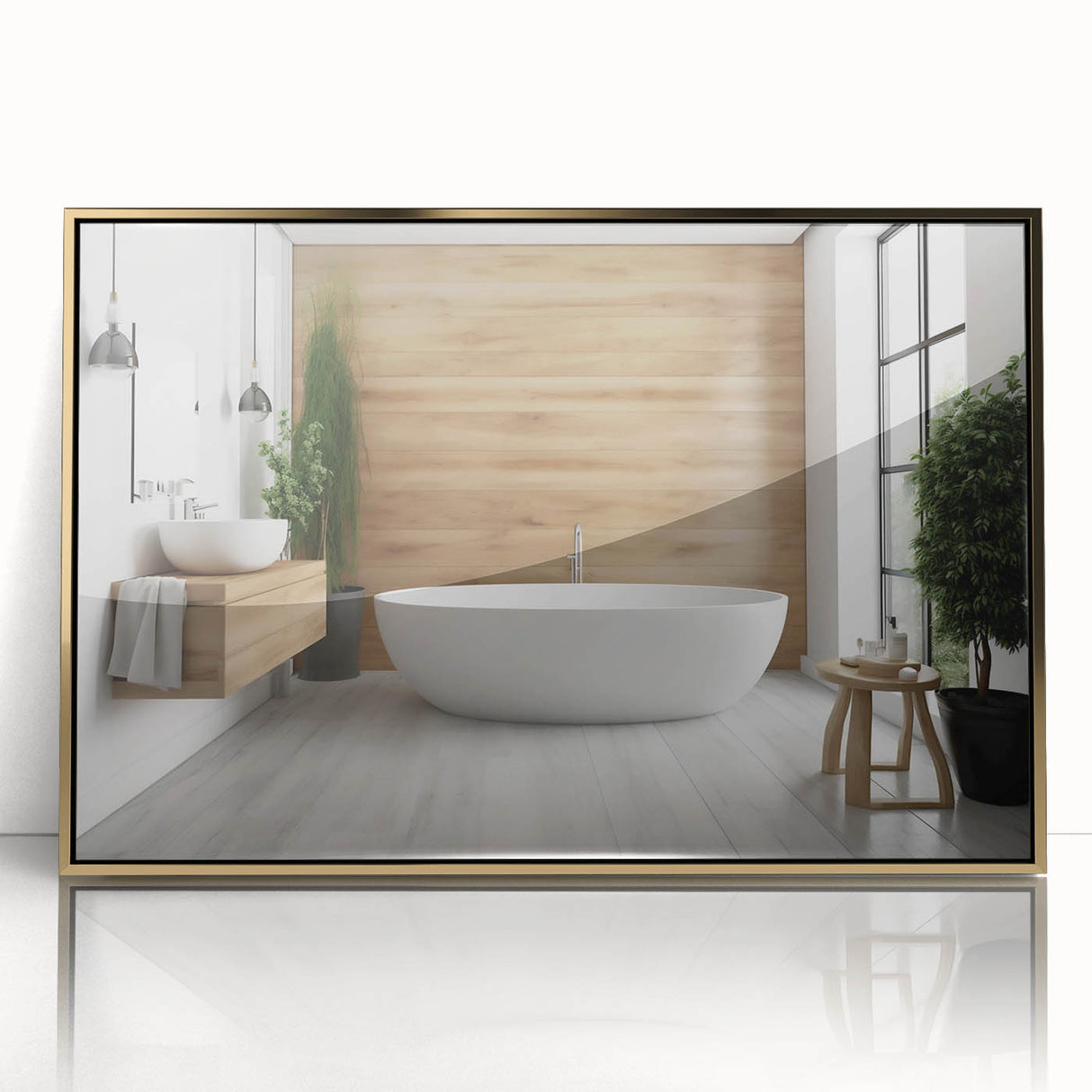 Large framed acrylic print of a mid-century modernist architecture interior in muted gold and beige.