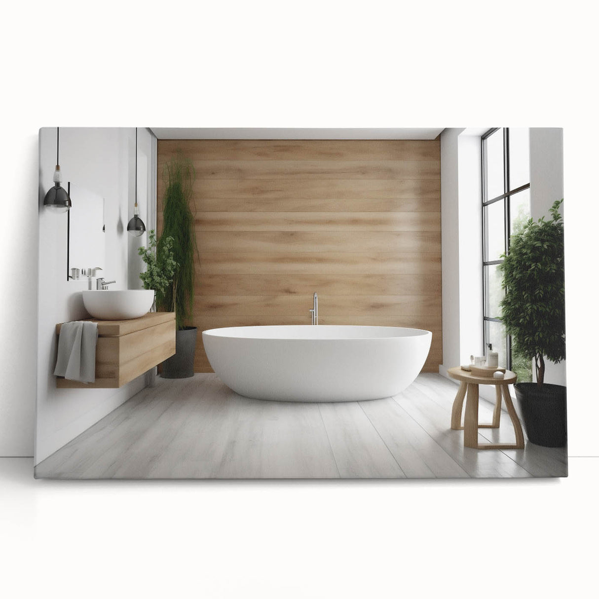 Black and white photograph of an architectural interior on a large stretched canvas.
