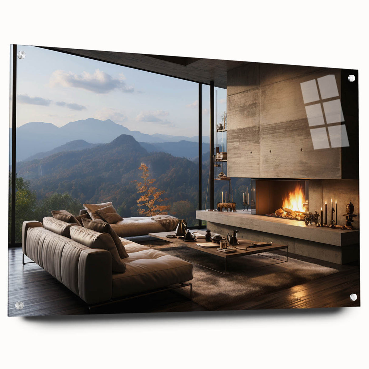 Large abstract wall art on acrylic glass featuring swirling gray and white patterns.