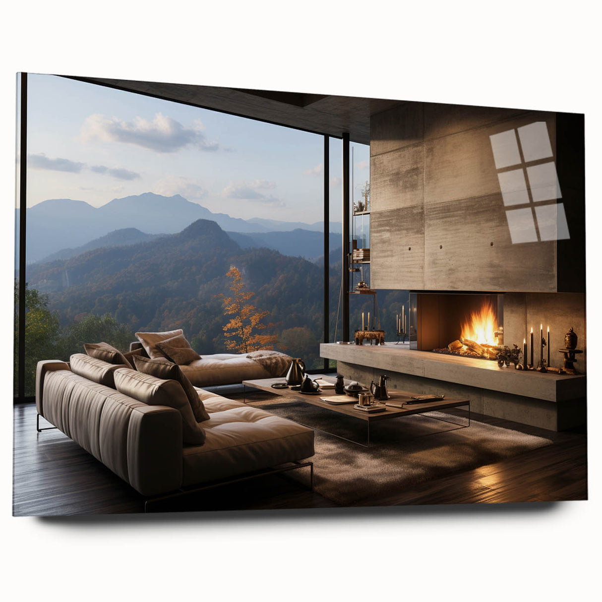 Large abstract wall art on acrylic glass, featuring swirling blue and gray tones, ideal for bedroom or dining room decor.