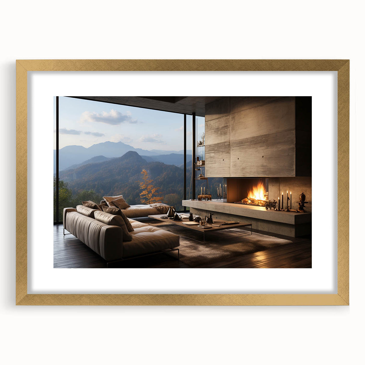 Extra large abstract art print with textured design in gold and beige tones, framed, ideal for living room decor.